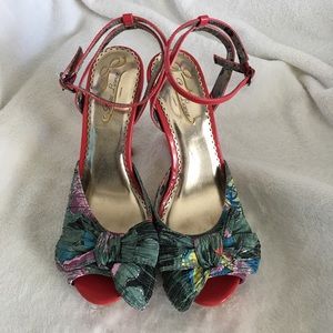 Poetic License London coral/blue pattern heel s 38